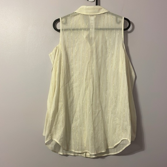 Chico’s Cream with Metallic Gold Stripe Cold Shoulder Long Sleeve Button Blouse - Picture 10 of 16